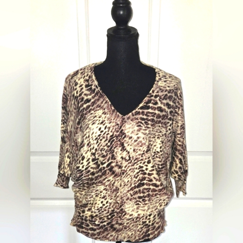 CALVIN KLEIN Animal Print V-Neck Slouchy Sweater 3/4 Sleeves Sz Sm